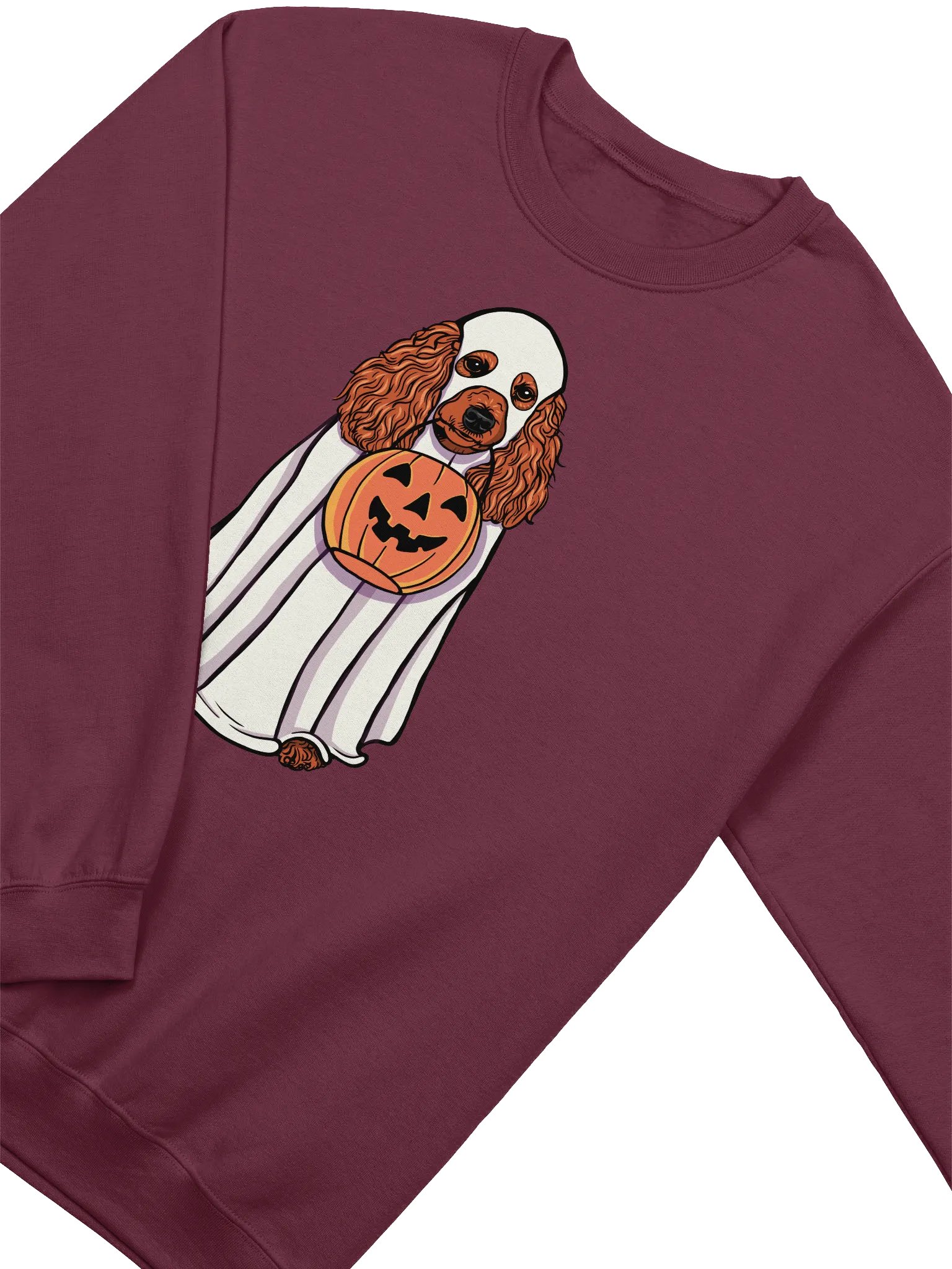 Funny Halloween Poodle(Red) Sweatshirt | Funny Papillon Wearing a Ghost Costume and Holding a Pumpkin Basket product image (4)