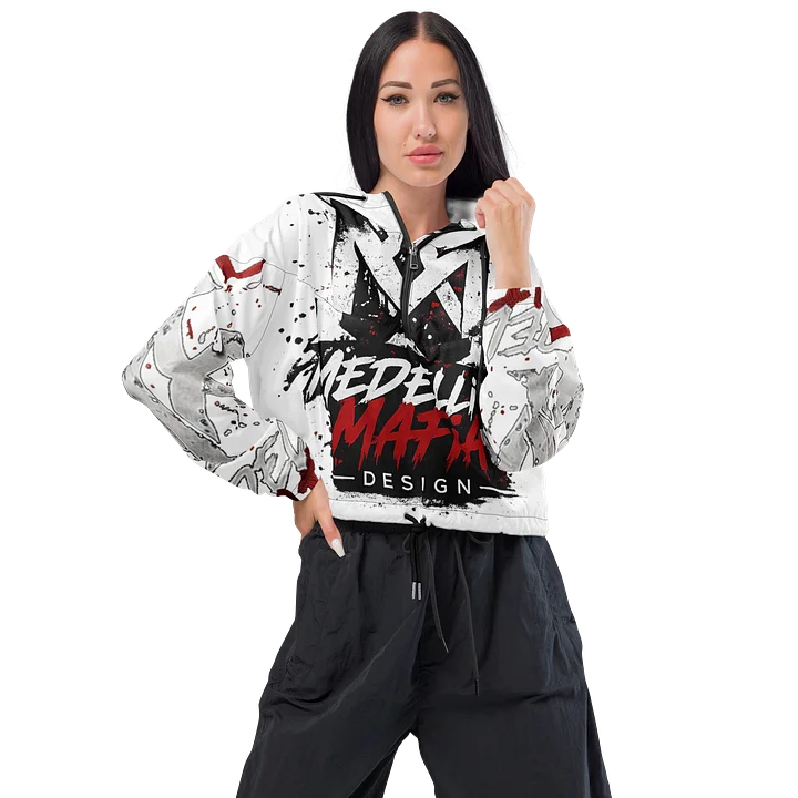 Medellin Mafia Design Women’s Cropped Windbreaker Hoodie – White Red Black Graffiti Streetwear Jacket product image (2)