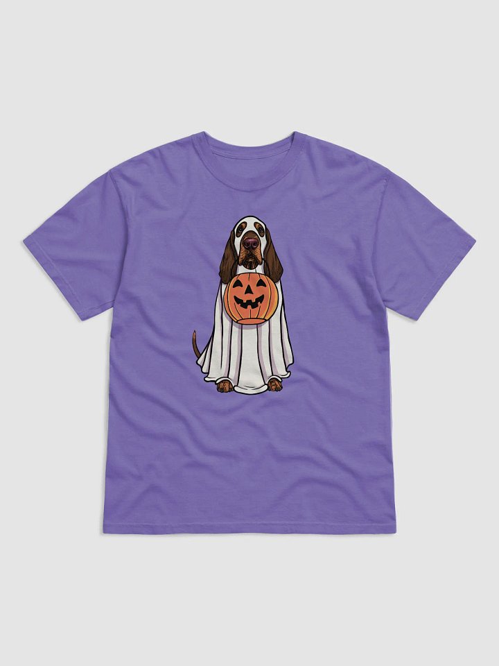 Funny Halloween Bloodhound(Red & Tan) T-Shirt | Funny Bloodhound Wearing a Ghost Costume and Holding a Pumpkin Basket product image (1)