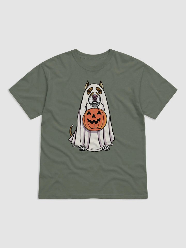 Funny Halloween Pitbull Terrier(Cropped Ears, Brindle) T-Shirt | Funny Pittie Wearing a Ghost Costume and Holding a Pumpkin Basket product image (1)