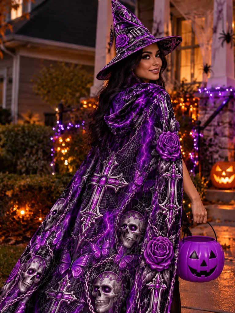 MMD Gothic Purple Witch Hat & Hooded Cape Halloween Set product image (1)