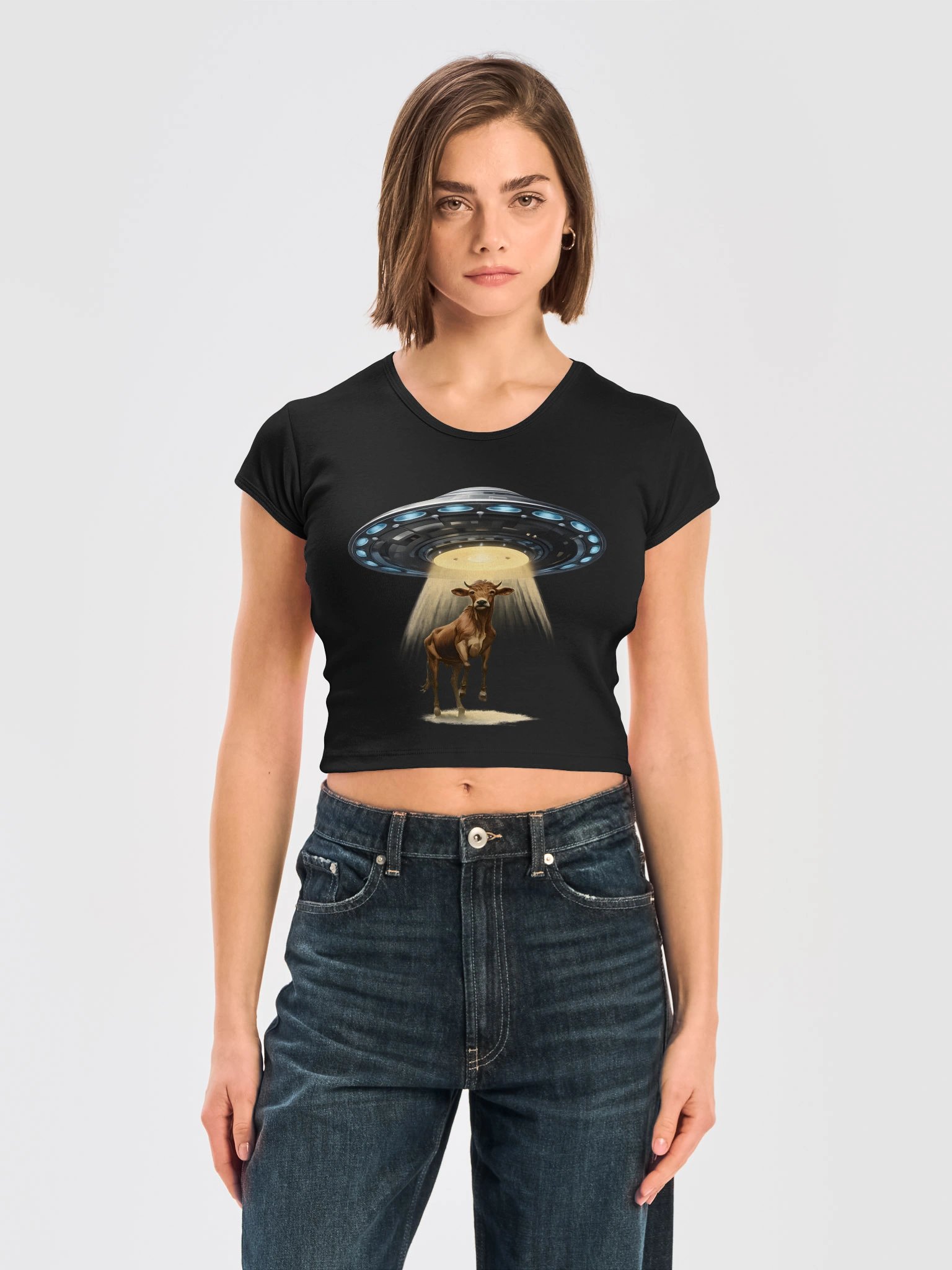 Alien Cow UFO Baby Tee | Cropped Sci-Fi Graphic Shirt | Retro Space Aesthetic product image (3)