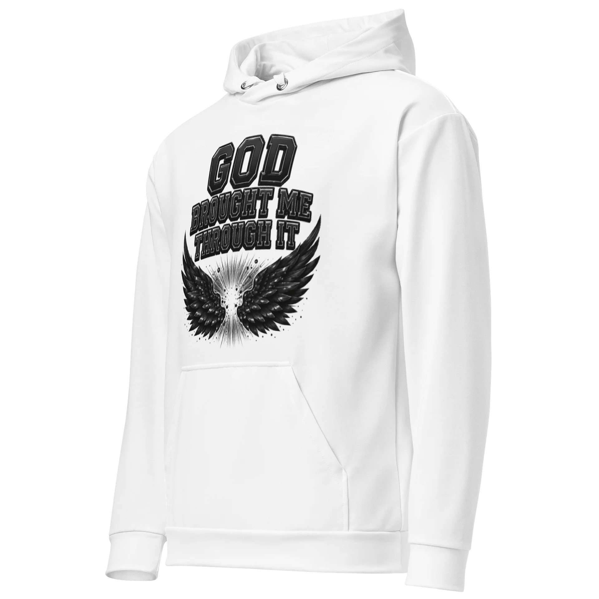 God Brought Me Through It White Hoodie — Black Wings Survivor Edition product image (3)