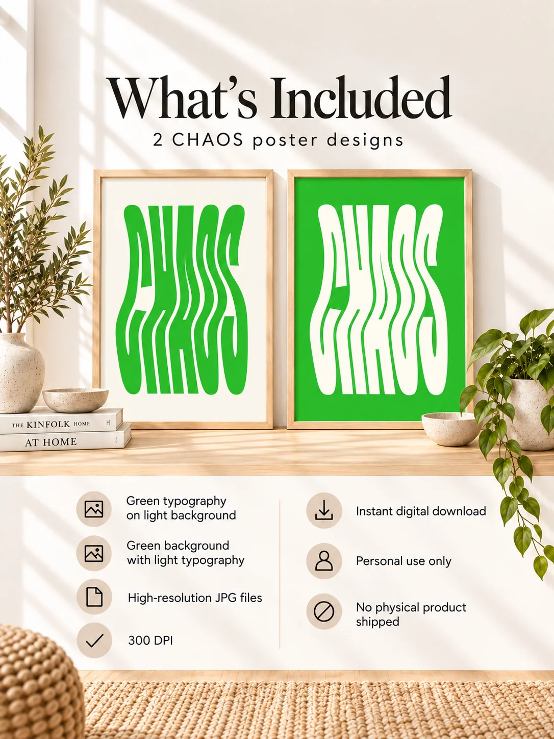 CHAOS Poster Green Wavy Typography Printable Retro Wall Art Psychedelic Groovy Digital Download Minimalist Decor product image (2)