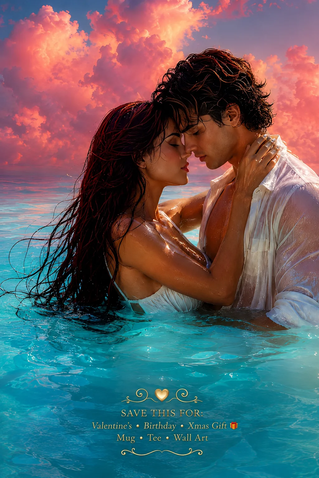 Sunset In Your Arms Romantic Ocean Couple Fantasy Art Print For Bedroom Wall Decor product image (1)