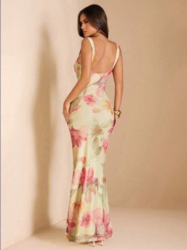 Apricot Floral Backless Ruched Strap Maxi Dress | Women's Elegant Cami Evening Dress for Weddings, Formal Events & Eid | ADLEST product image (2)