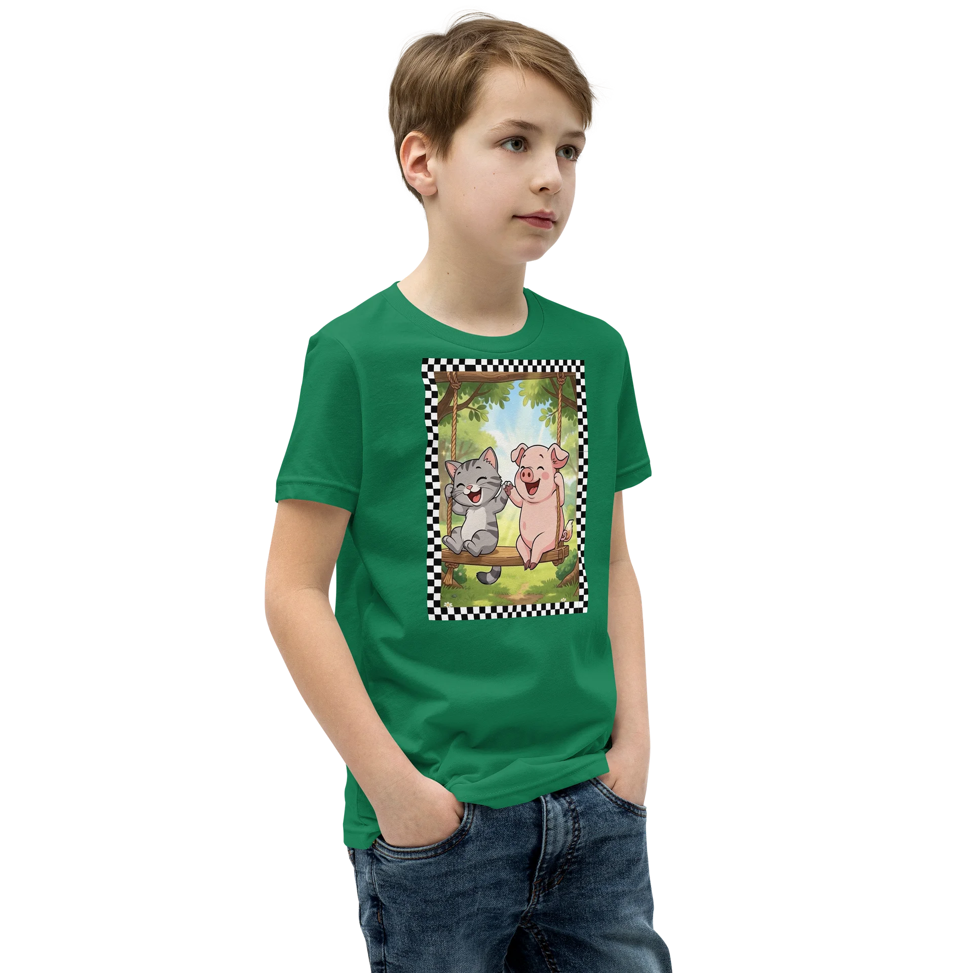 Cute Farm Friends Laughing Kitten & Piglet on Rope Swing Youth Tee product image (2)