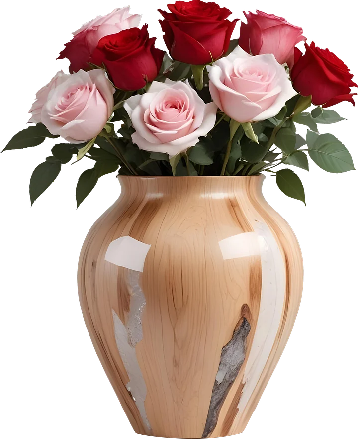Natural Grace – Polished Wood Vase with Roses PNG product image (1)