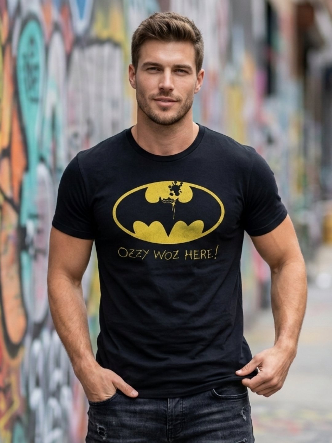 Ozzy Osbourne T-Shirt Ozzy Woz Here Batman Parody | Prince of Darkness Tribute Heavy Metal Graphic Tee | Black Sabbath Collector Shirt product image (1)