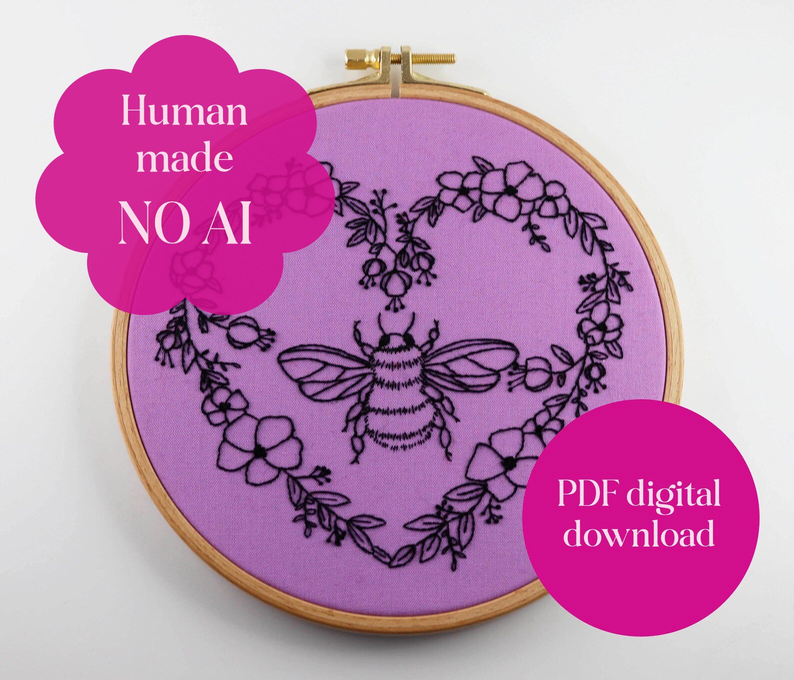 Bee Embroidery Pattern: Floral Heart Insect Design (PDF Digital Download) product image (1)
