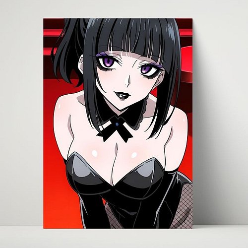 Luna Rain 🖤🎀 Original character in black latex corset with bow. 26yo emo soul, ponytail, purple eyes, red backdrop. Seductive...