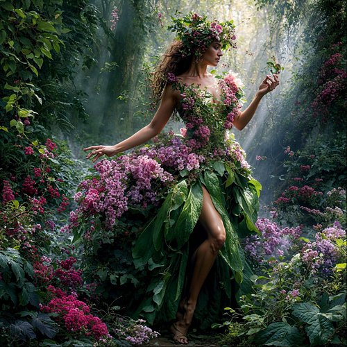 She is the garden made flesh, the forest's secret bloom. Pink and purple lilacs cascade down her body like a living dress, ea...