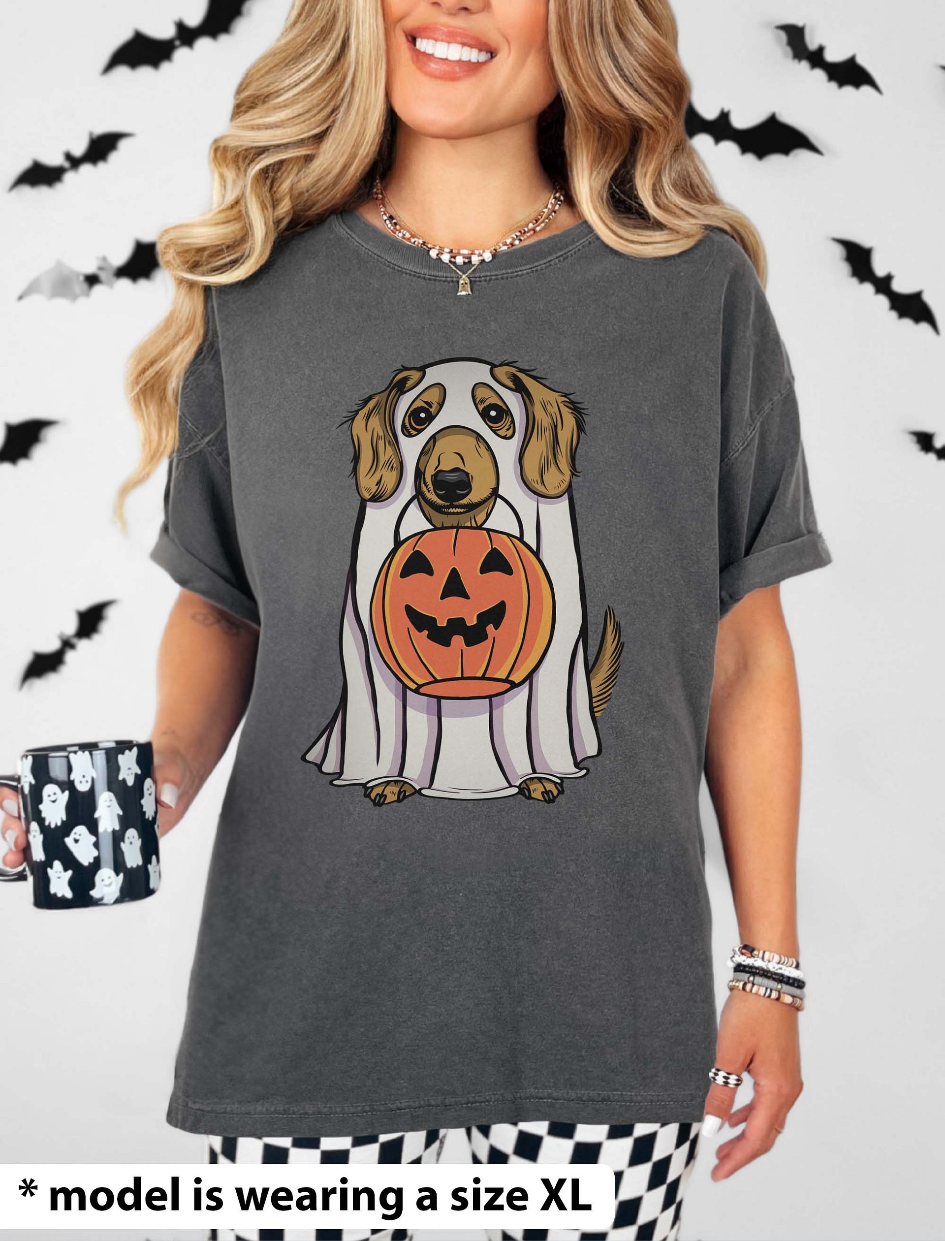 Funny Halloween Longhaired Dachshund(Fawn) T-Shirt | Funny Doxie/Wiener Wearing a Ghost Costume and Holding a Pumpkin Basket product image (2)