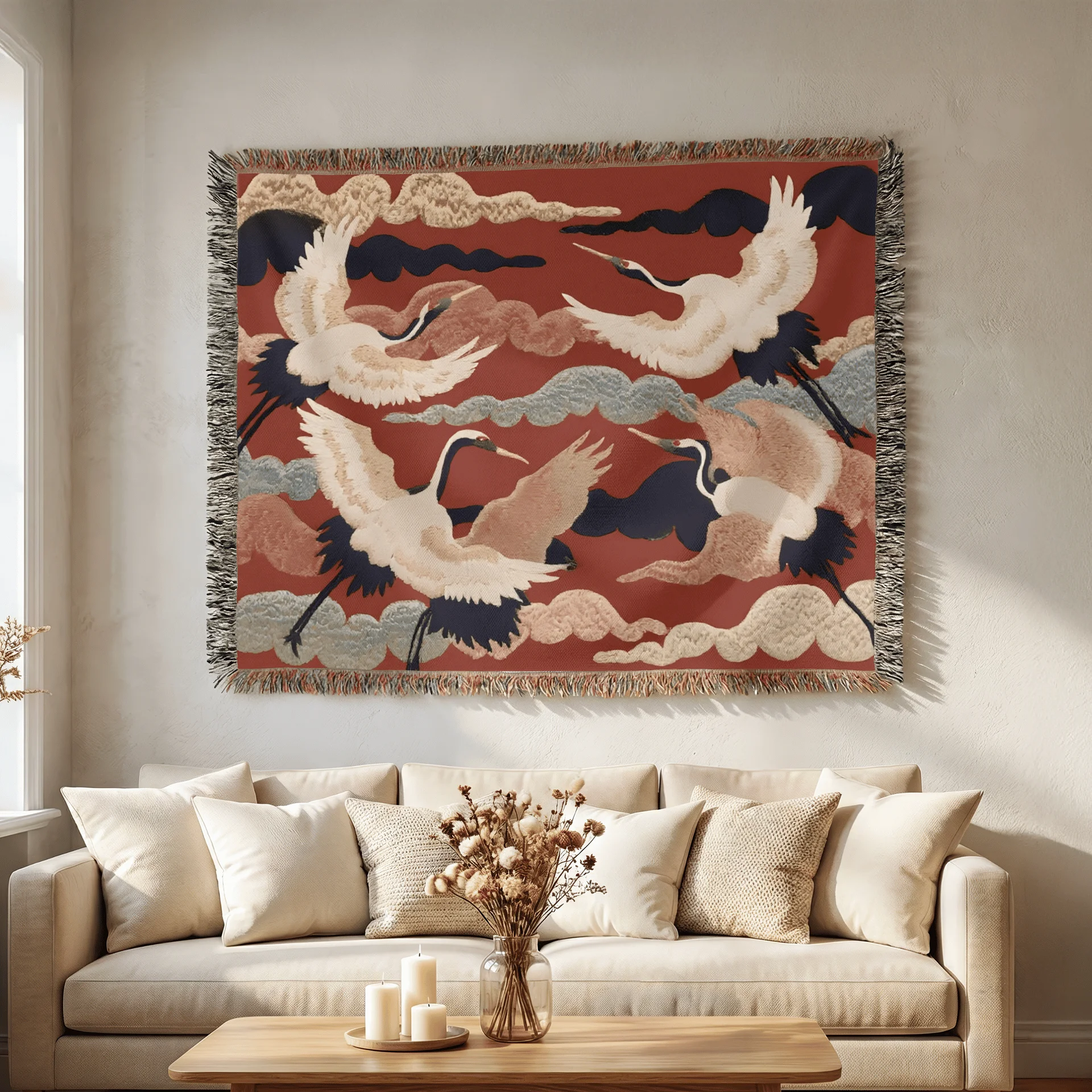 Japanese Crane Woven Blanket | Red Cotton Throw Tapestry with Fringe | 3 Sizes product image (1)