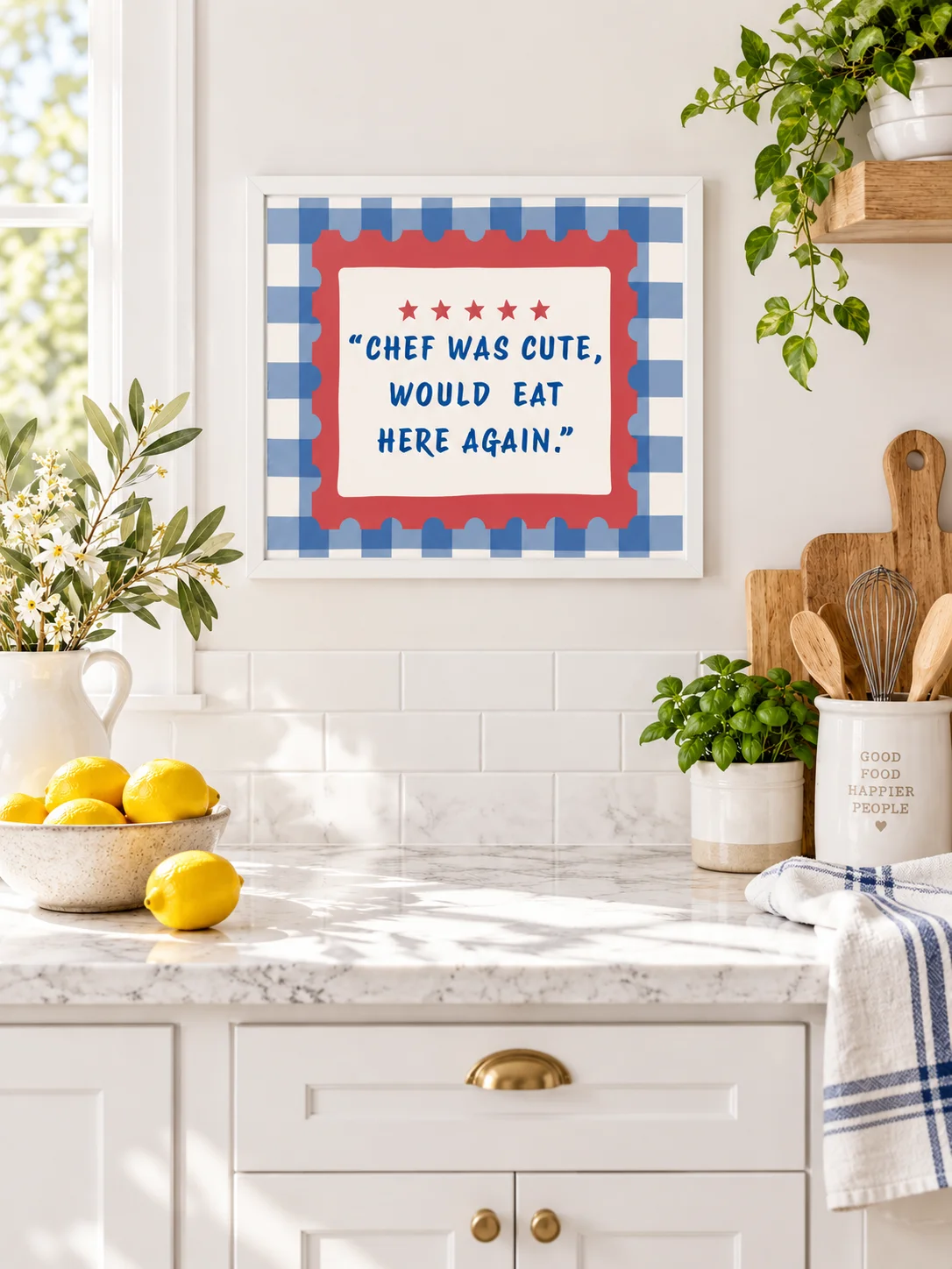 Chef Was Cute Printable Kitchen Wall Art | Funny Restaurant Review Quote | Retro Gingham Poster | Blue Red Dining Decor | Digital Download product image (9)