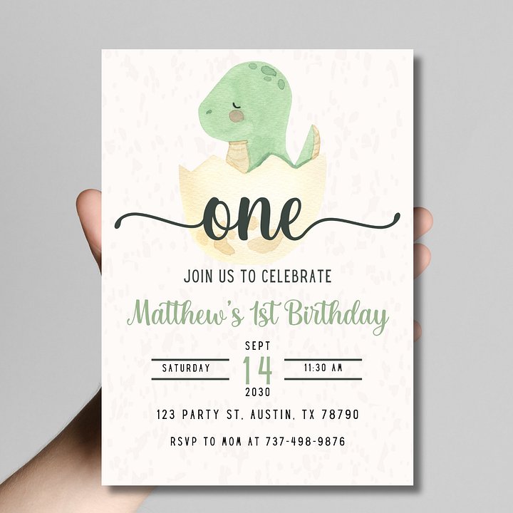 Dino First Birthday Invitation | Baby Dinosaur Egg Party Invite | Editable Canva Template | 1st Birthday Boy | Watercolor Dino Theme product image (1)