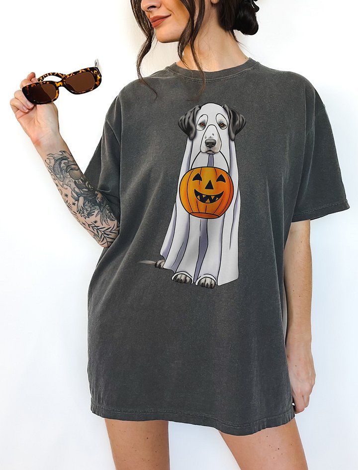 Dalmatian Halloween Tee | Funny Halloween Dalmatian Wearing a Ghost Costume with Pumpkin Basket product image (2)