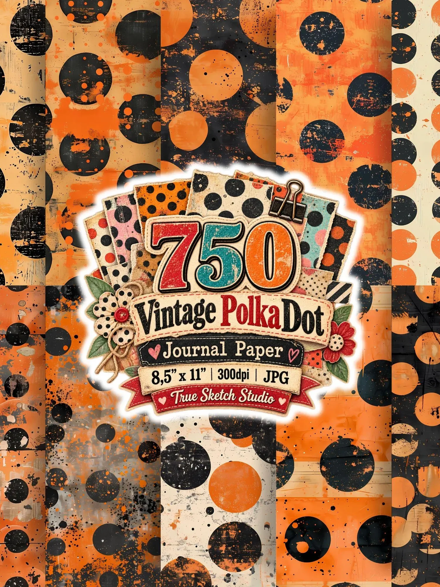 750 Vintage Polka Dot Digital Paper Bundle, Grunge Junk Journal Backgrounds, Retro Scrapbook Pages, US Letter 300DPI JPG, Printable Download product image (2)