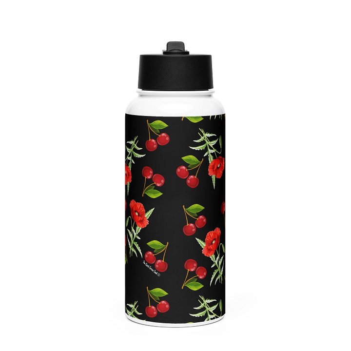 Poppies and Cherries Red and Black - Stainless Steel Water Bottle product image (2)