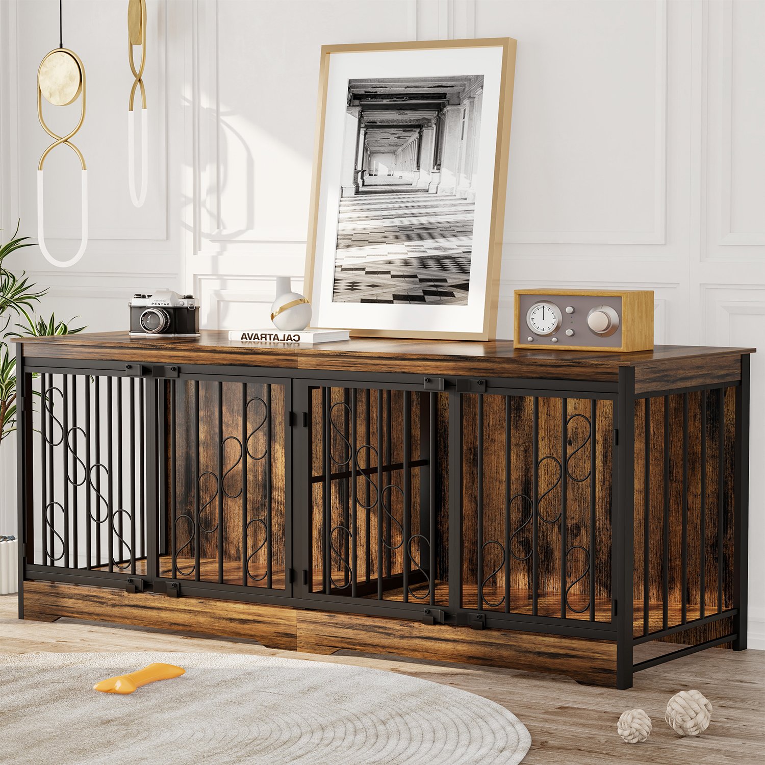 71 Inch Double Dog Crate Furniture, Extra Large Dog Kennel Indoor for 2 Dogs, Heavy Duty Wooden Dog House with Divider, Pet House Decorative as Table & TV Stand for X Large Dogs ( Brown) product image (2)