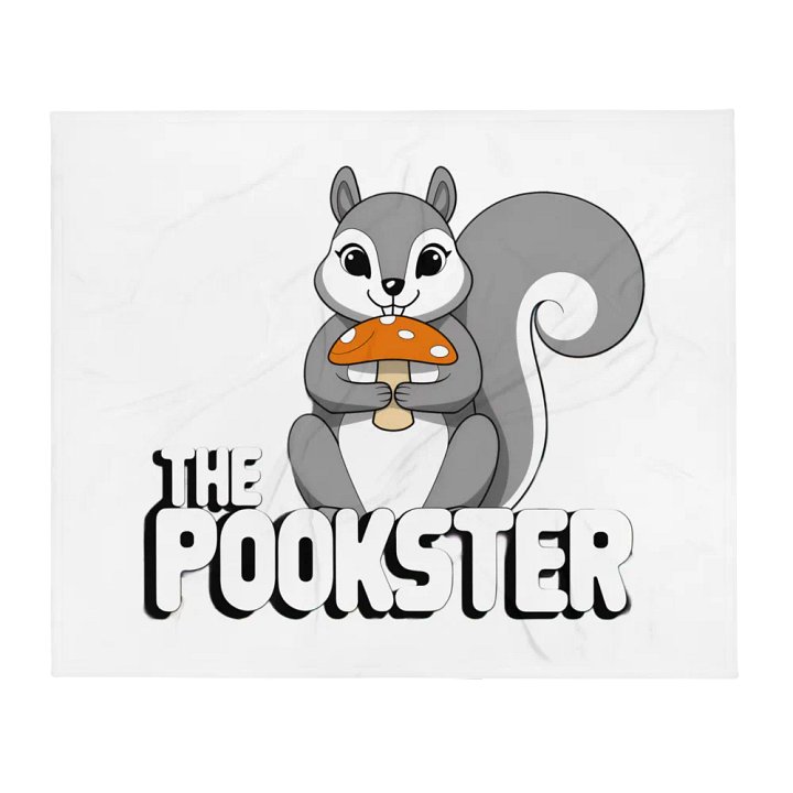 Ultra soft and plushy blanket: The Pookster: Large Pooky, 70s font, mushroom, transparent background. greyscale with red mushroom product image (2)