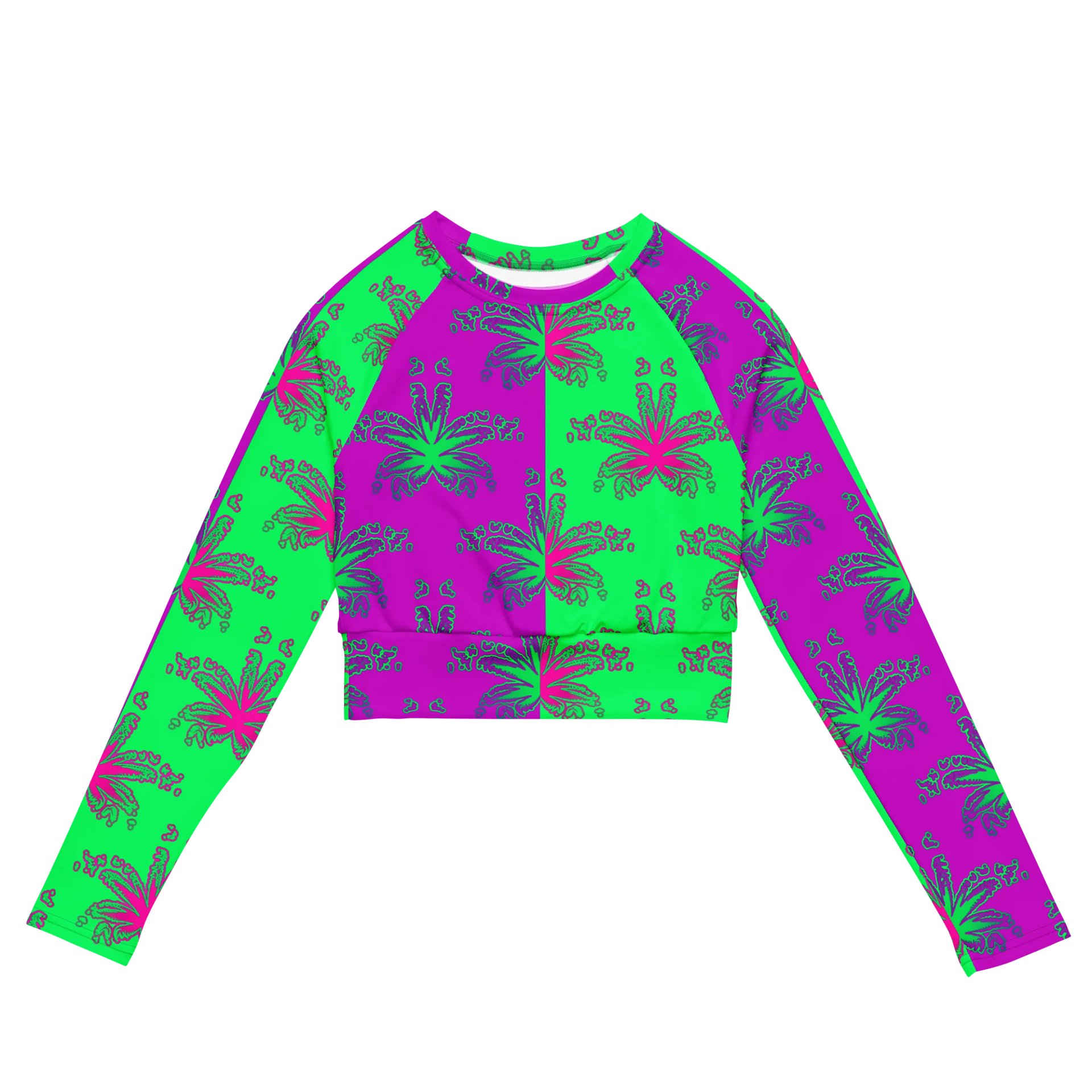 Pot Leaf Print Recycled Long-Sleeve Crop Top, 420 Stoner Circus Stripe Shirt, Cannabis Summertime Purple Mint Green Ganja Weed Beach Fashion product image (1)