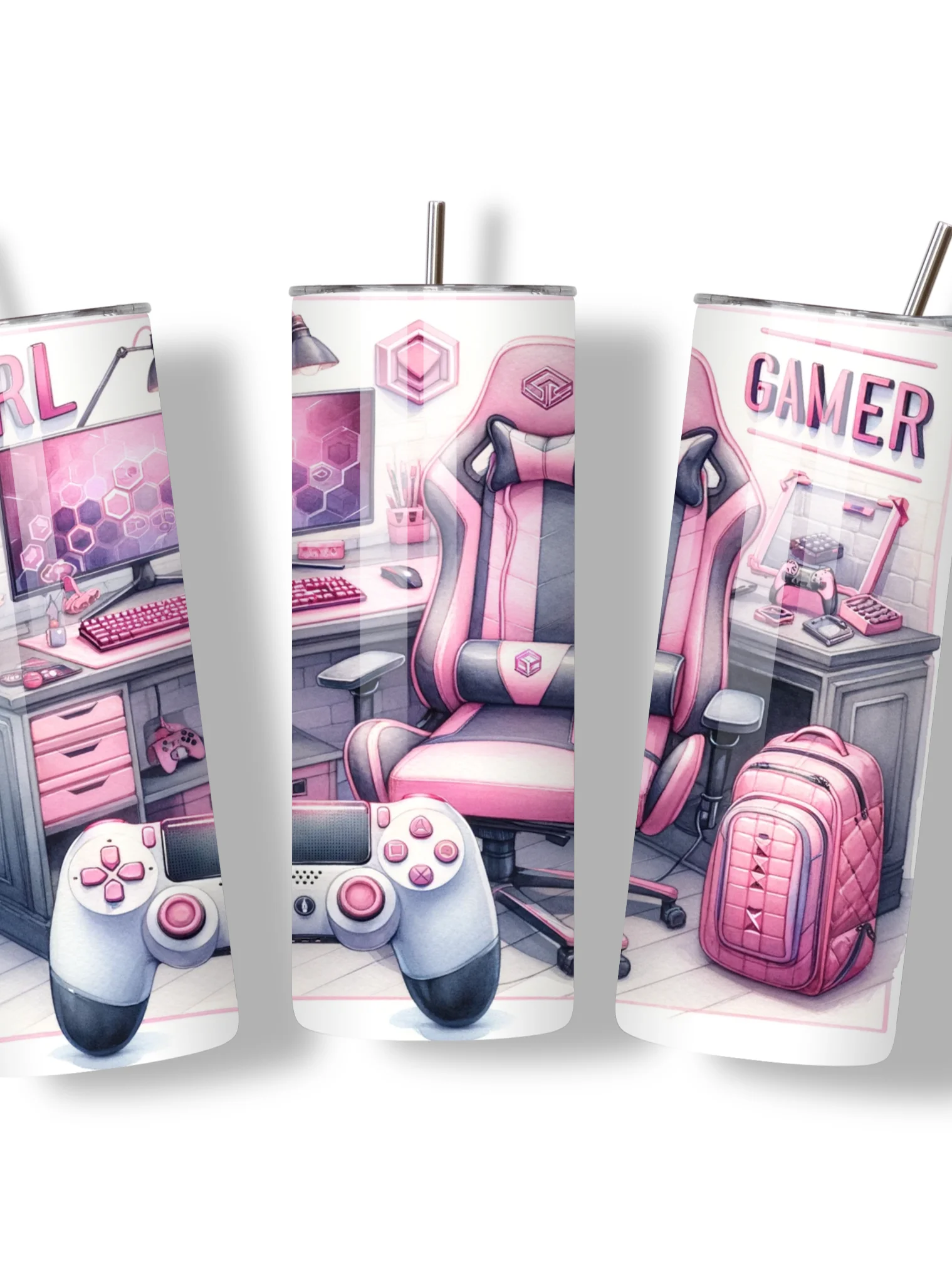 Girl Gamer 20oz Skinny Tumbler with Metal Straw – Stylish Pink Gaming Setup Design – Double-Walled Insulated Stainless Steel Tumbler for Hot & Cold Drinks, Perfect Gift for Female Gamers product image (3)