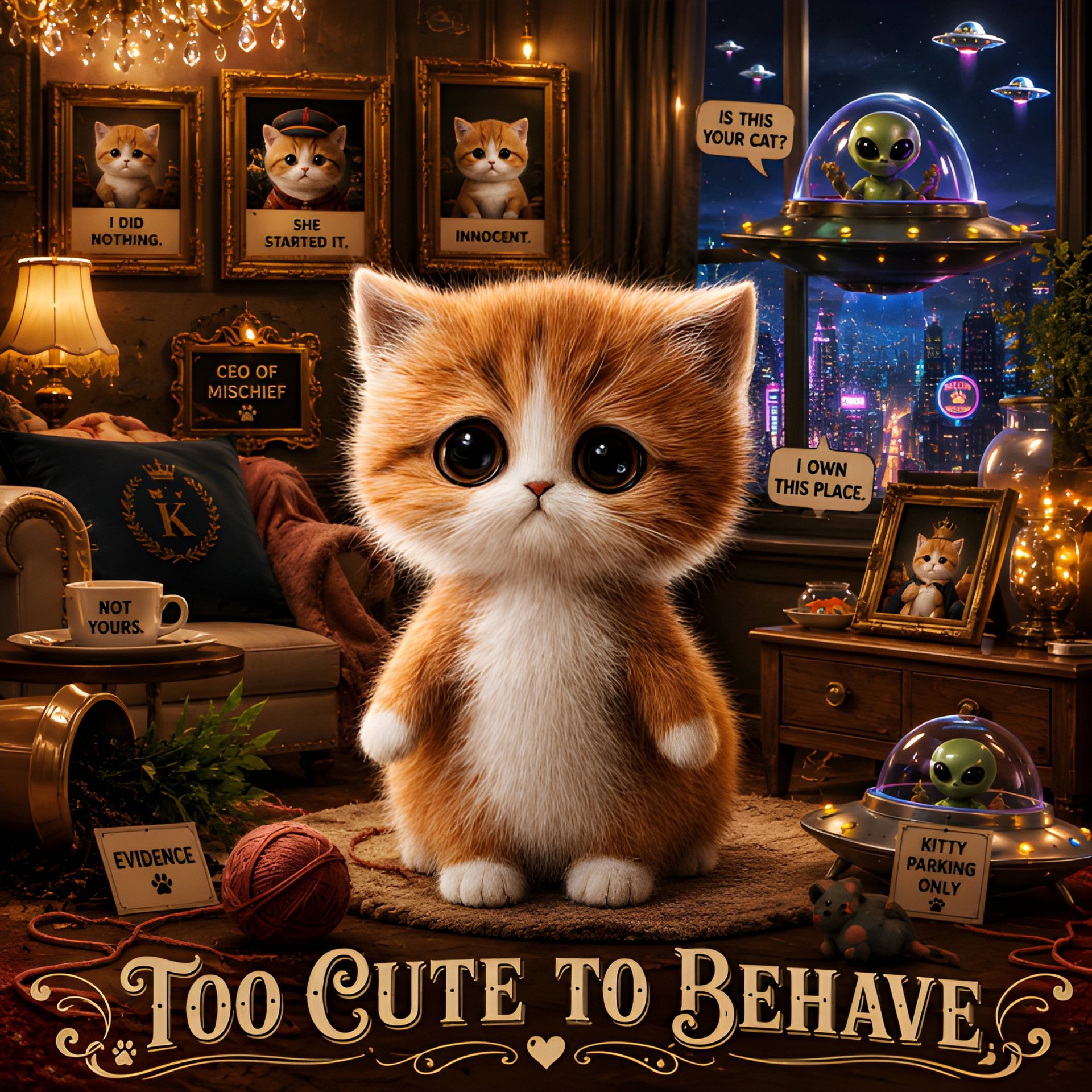 Too Cute to Behave Kitten Poster, Whimsical Cat Wall Art, Funny Cute Animal Room Decor Gift product image (2)