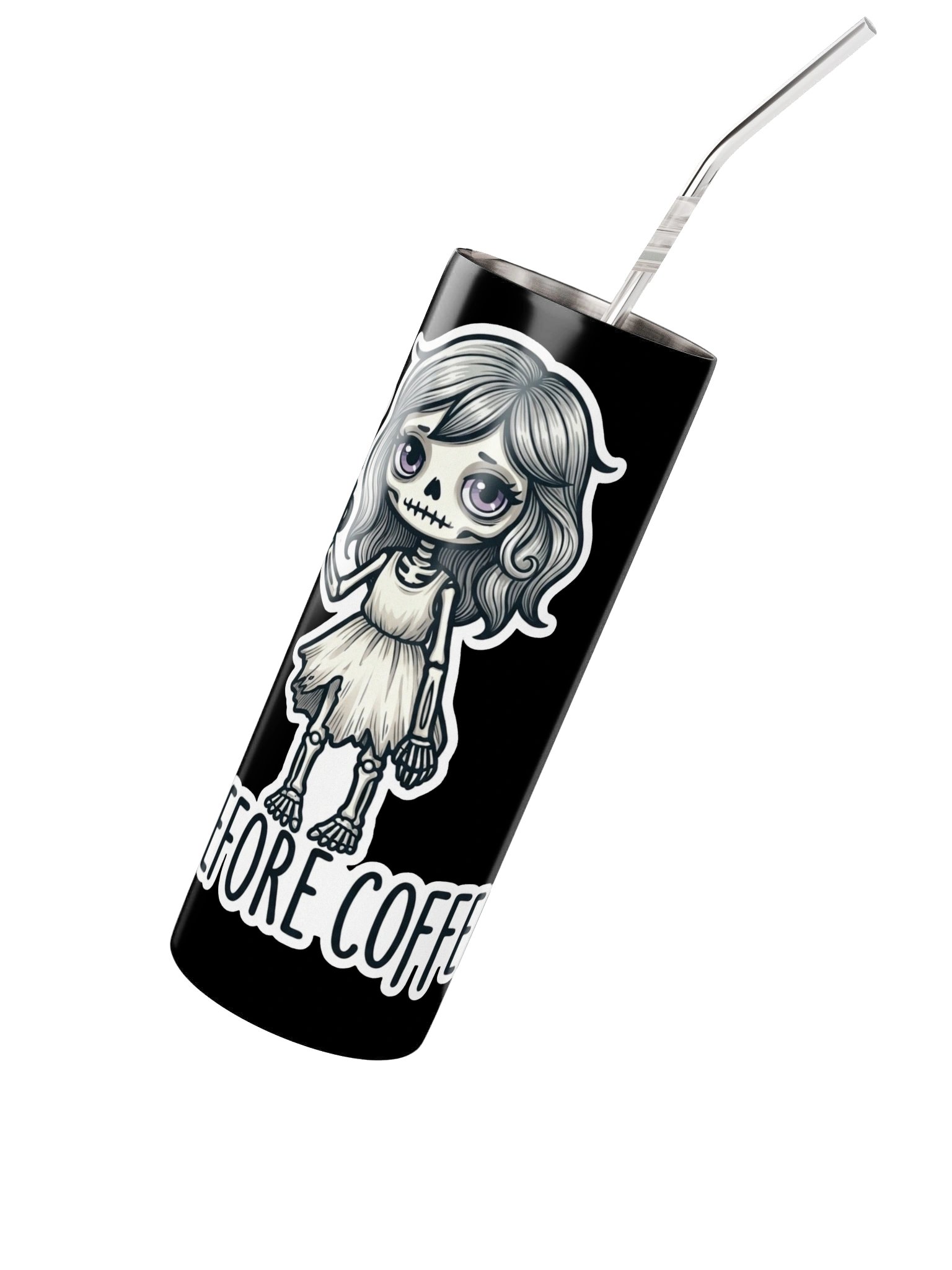 "Me Before Coffee" Skeleton Girl Tumbler | 20oz Stainless Steel product image (2)