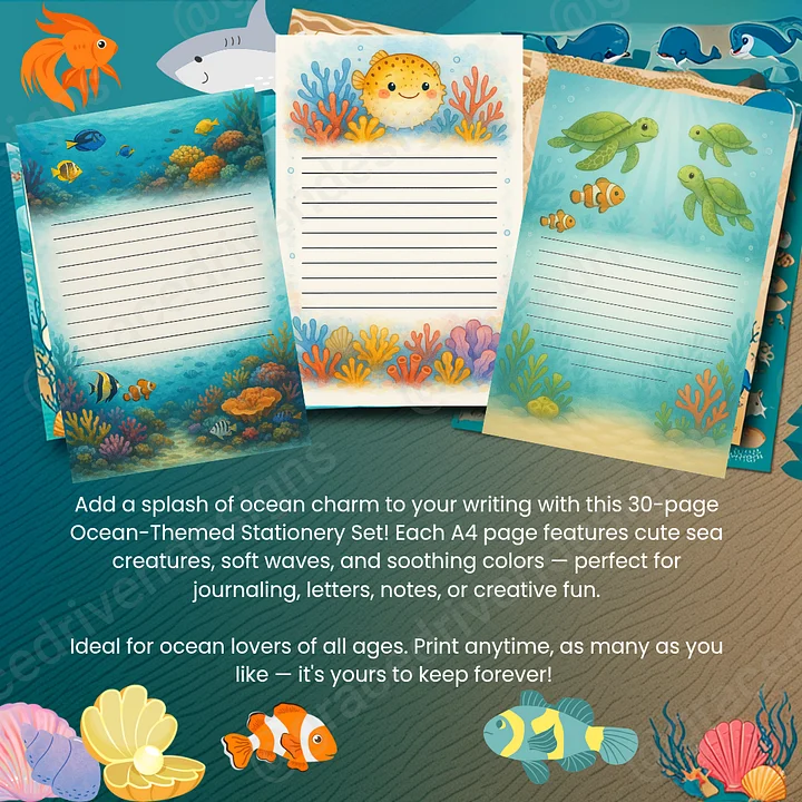 Set of 30 Ocean-Themed Printable Stationery Pages | A4 Digital Download PDF + Freebies product image (2)