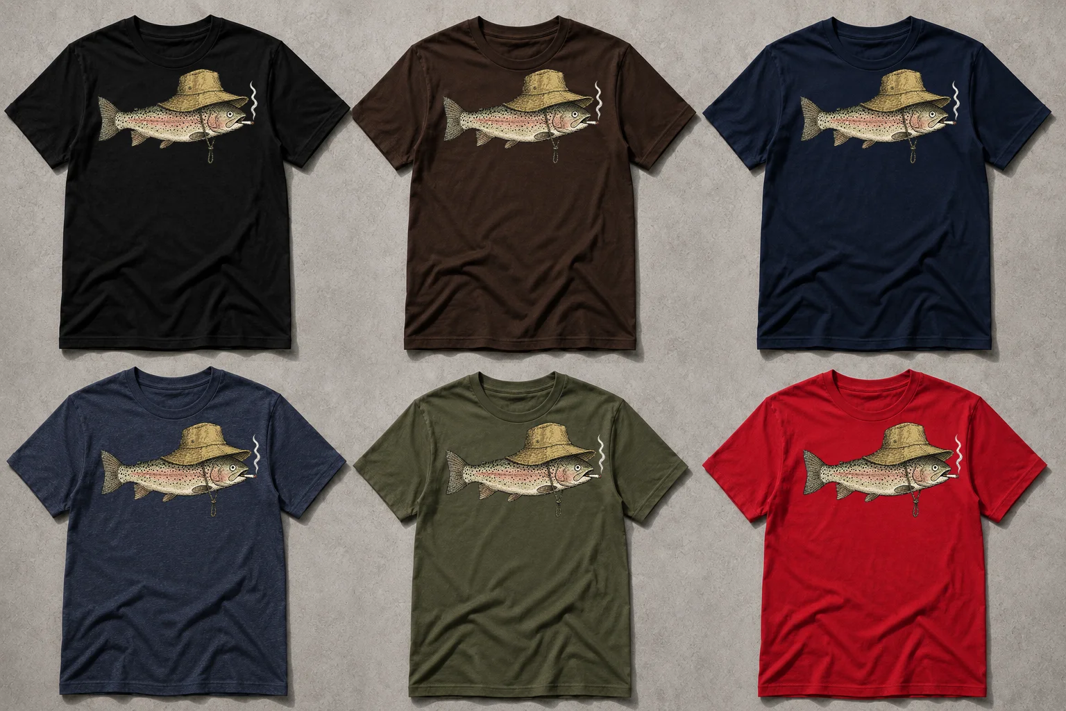 Rolig T-shirt för Öringfiske – Vintage Fiskare med Rökande Hatt product image (2)