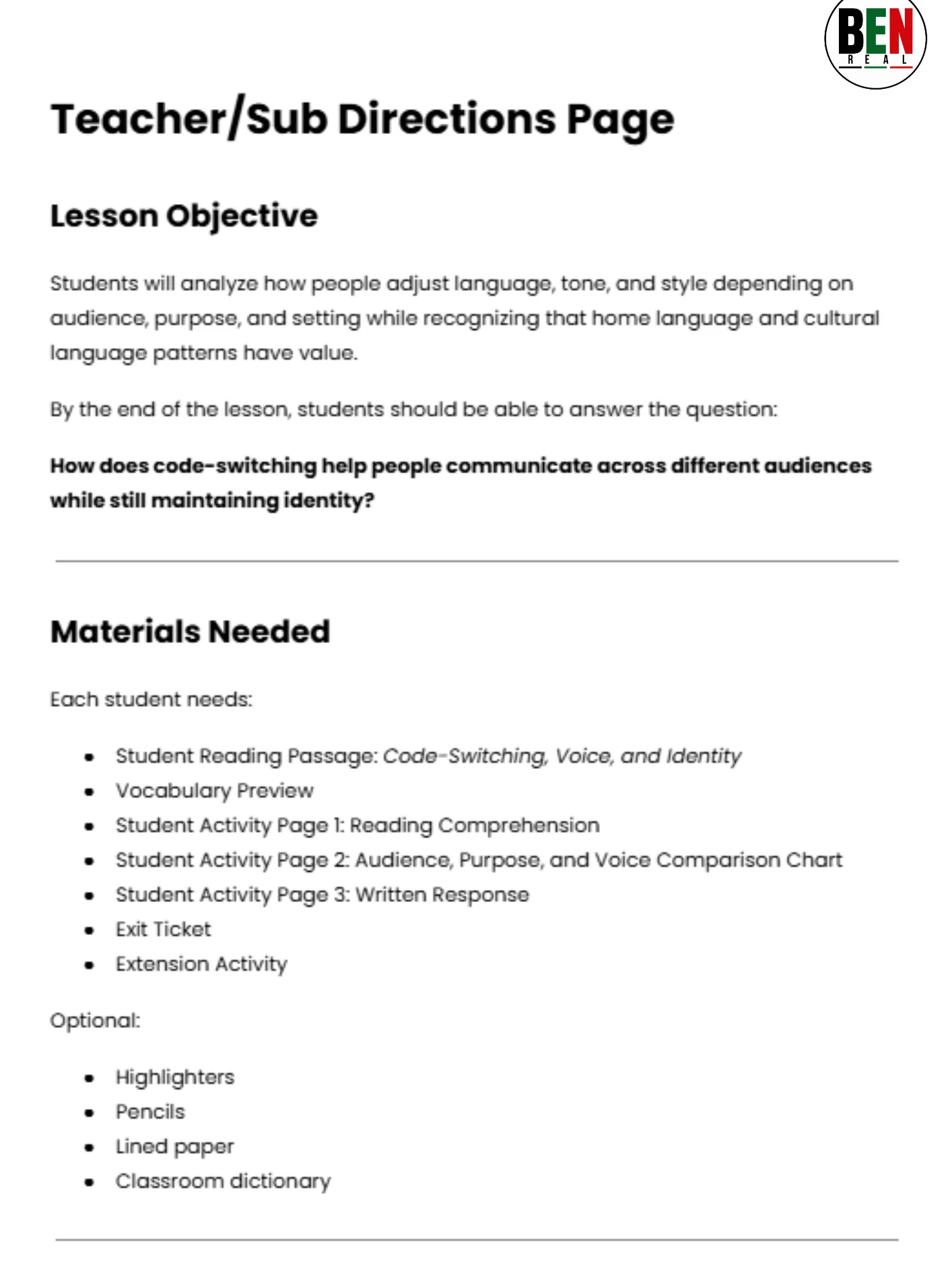 Black History 365 Sub Plan: Code-Switching, Voice, and Identity | Middle School Language Arts| 60-Minute Lesson product image (4)