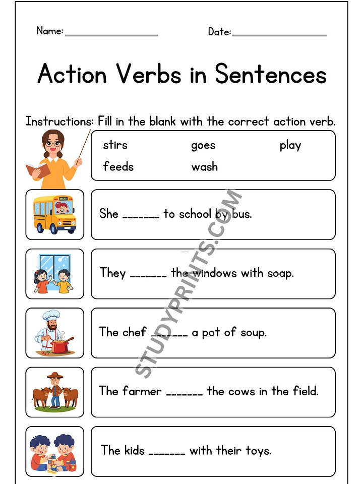 20 Printable Action Verbs Worksheets – Fill in the Blank product image (2)