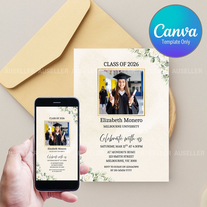 Floral Graduation Invitation Template 2026 Editable Canva Template product image (1)