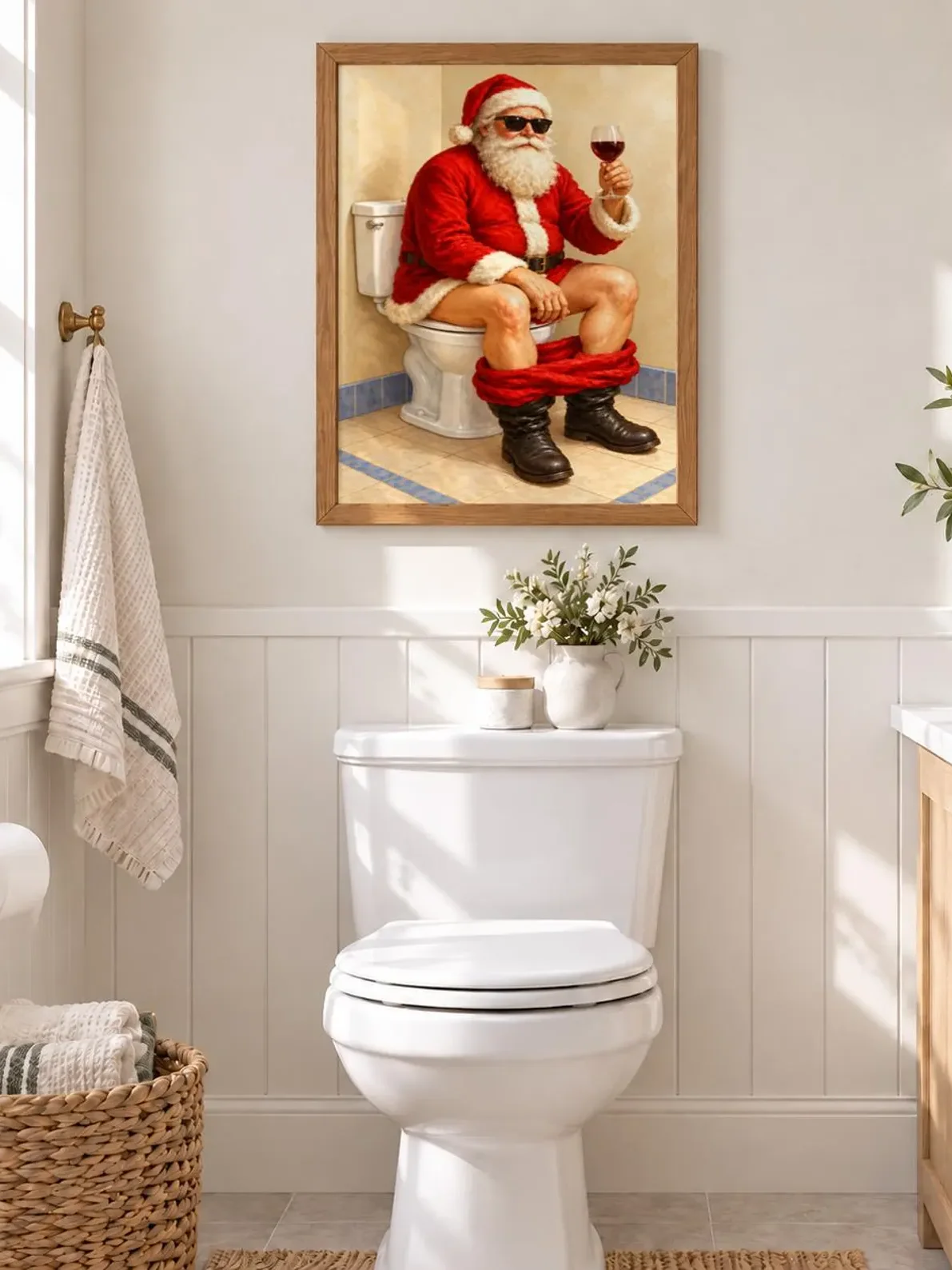 Funny Santa Toilet Print, Christmas Bathroom Wall Art, Sunglasses and Wine Poster, Quirky Holiday Decor, Printable Gift for Cozy Powder Room product image (9)