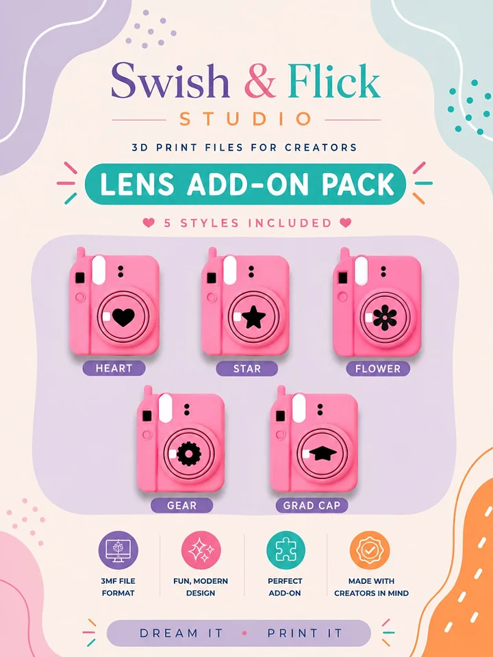 Mini Camera Keychain Lens Add-On Pack | Heart Star Flower Gear Grad Cap | 3D Print STL Files | Interchangeable Camera Front Cover | Upgrade product image (1)