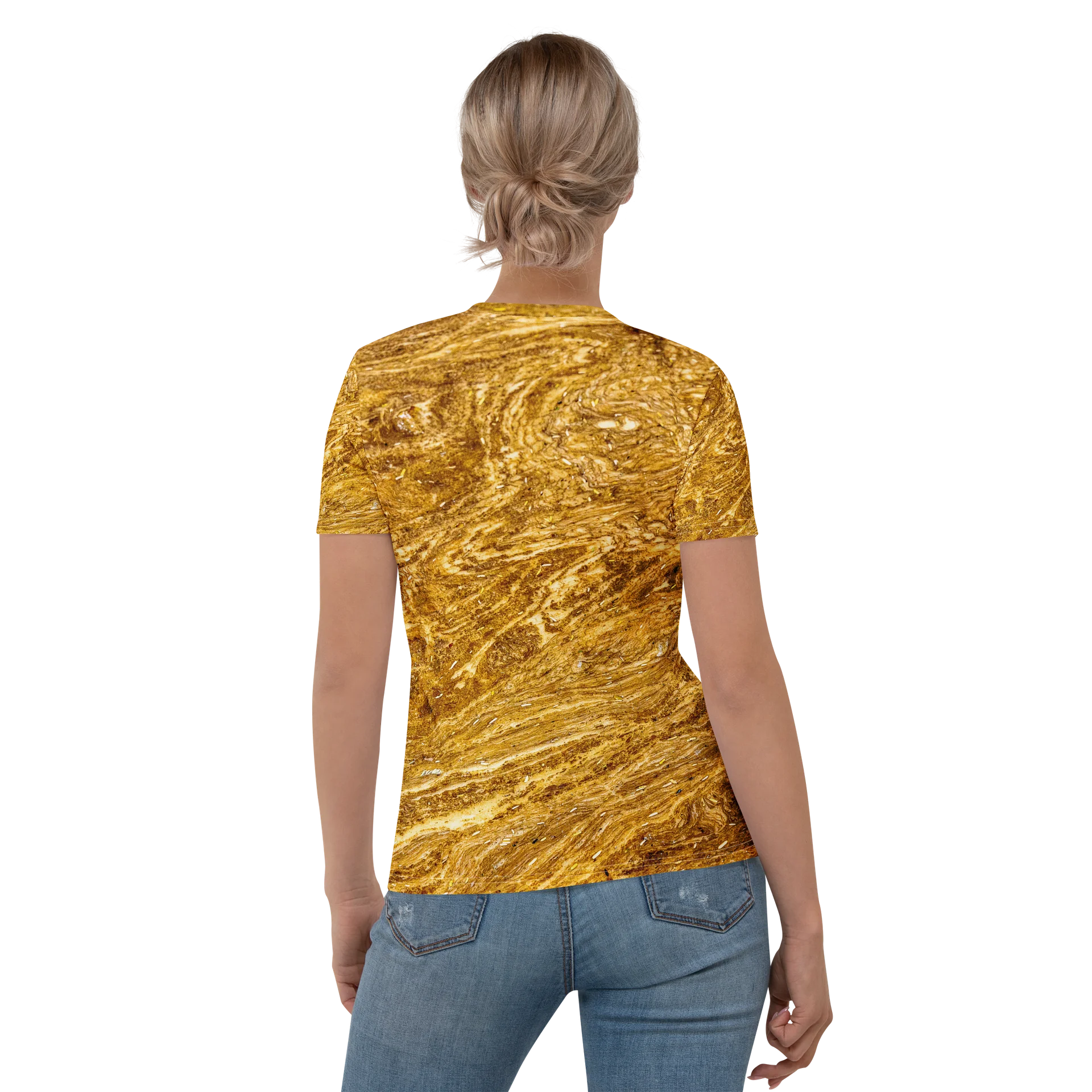 Golden Strata: Earthy Swirl Marble Pattern Women’s Tee | Full Print Golden Ochre Short Sleeve Shirt | Tiger Eye Boho Casual Top product image (1)