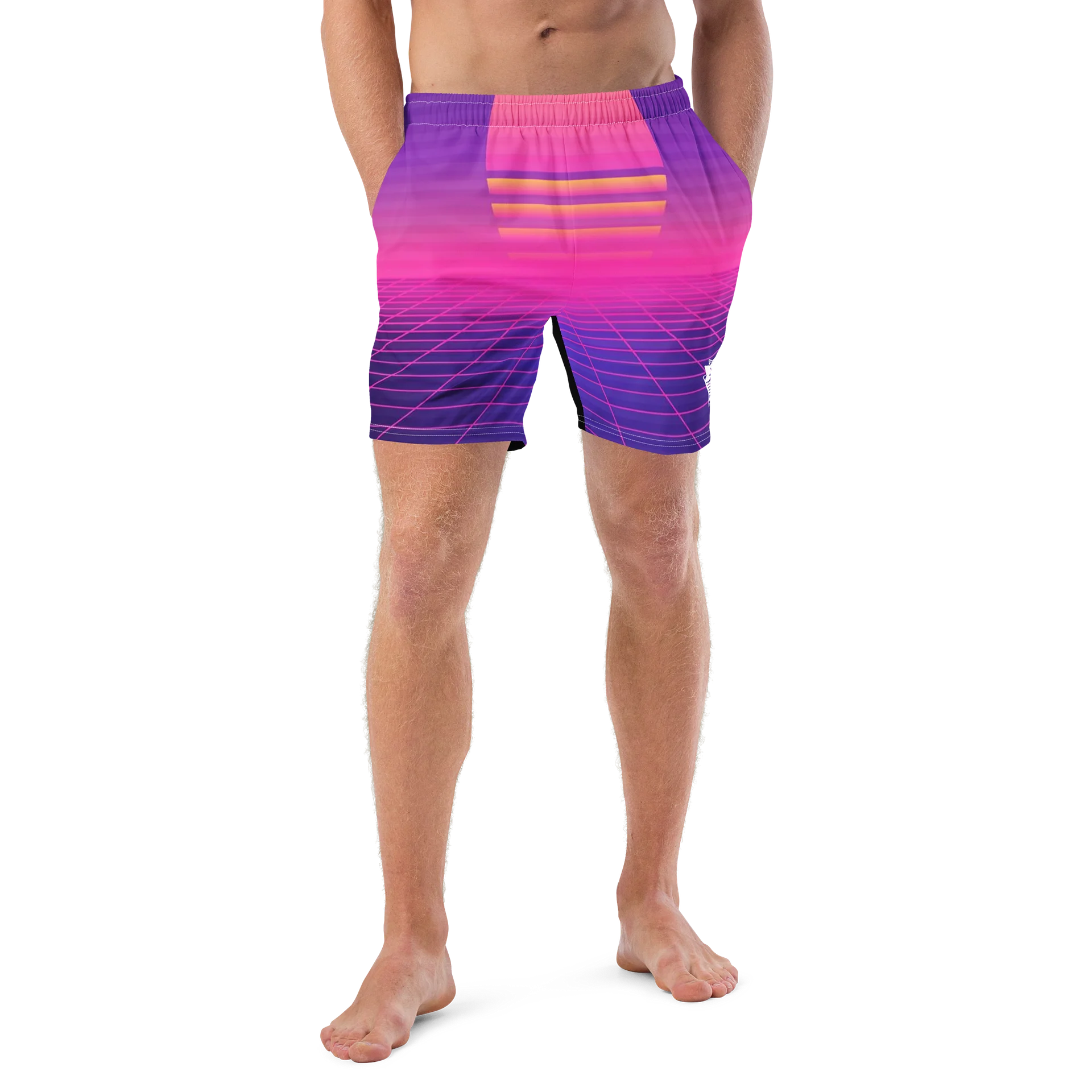 SUNSET SYNTHWAVE GRID SURFBOARD SHORT SWIM TRUNKS product image (4)