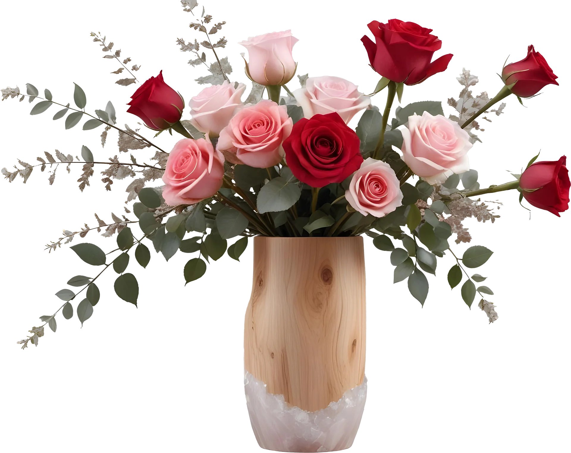 Tall Wooden and Rose Quartz Vase with Romantic Rose Arrangement PNG product image (1)