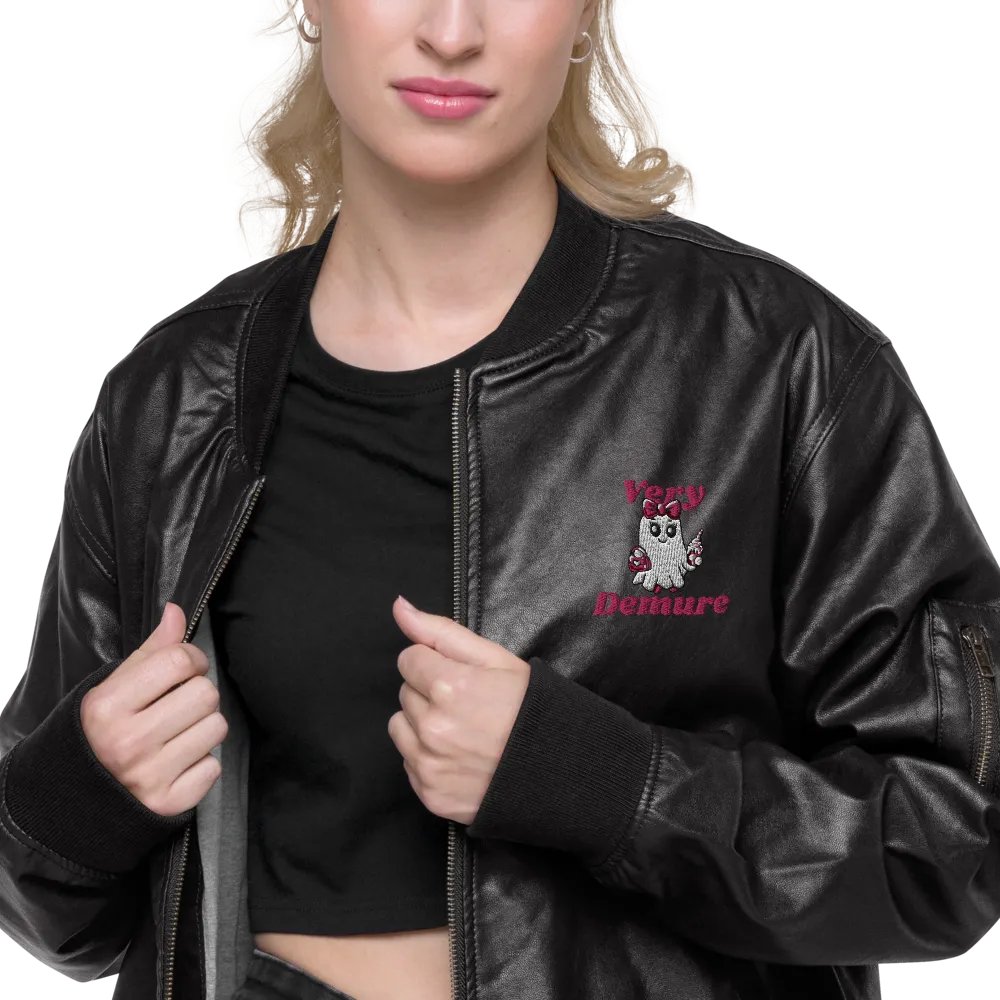 Very Demure Cute Ghost Embroidered Faux Leather Bomber Jacket product image (6)