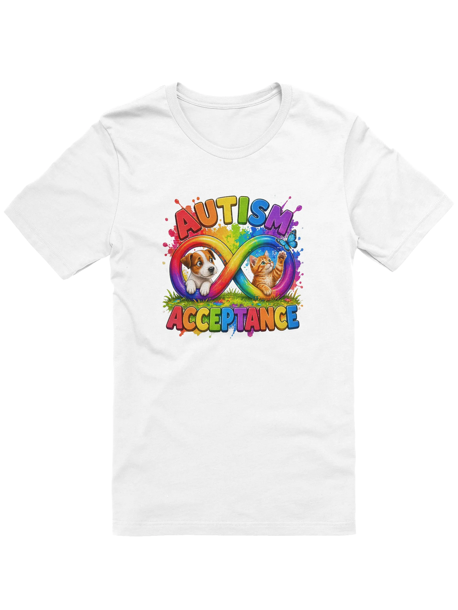 Puppy and Kitty Autism Acceptance & Inclusion Tee with Infinity Symbol Rainbow product image (2)