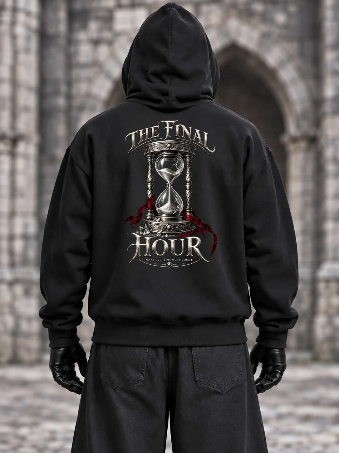 The Final Hour Hoodie – Silver Hourglass & Crimson Ribbon Dark Fantasy Design product image (1)
