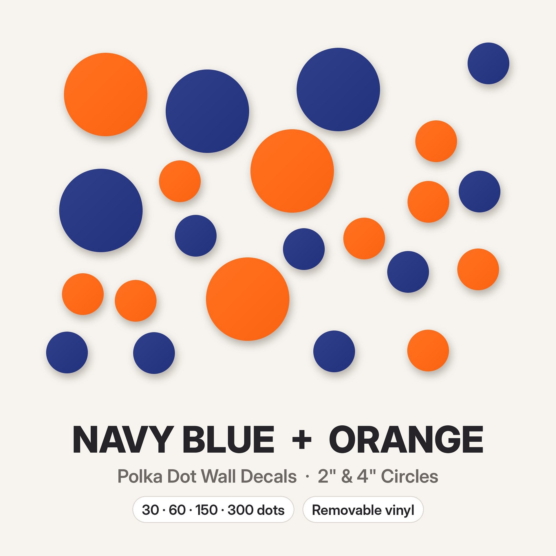 Navy Blue and Orange Polka Dot Wall Decals, 2" and 4" Vinyl Circle Stickers, Removable Dot Decals for Nursery, Kids Room, Playroom product image (3)