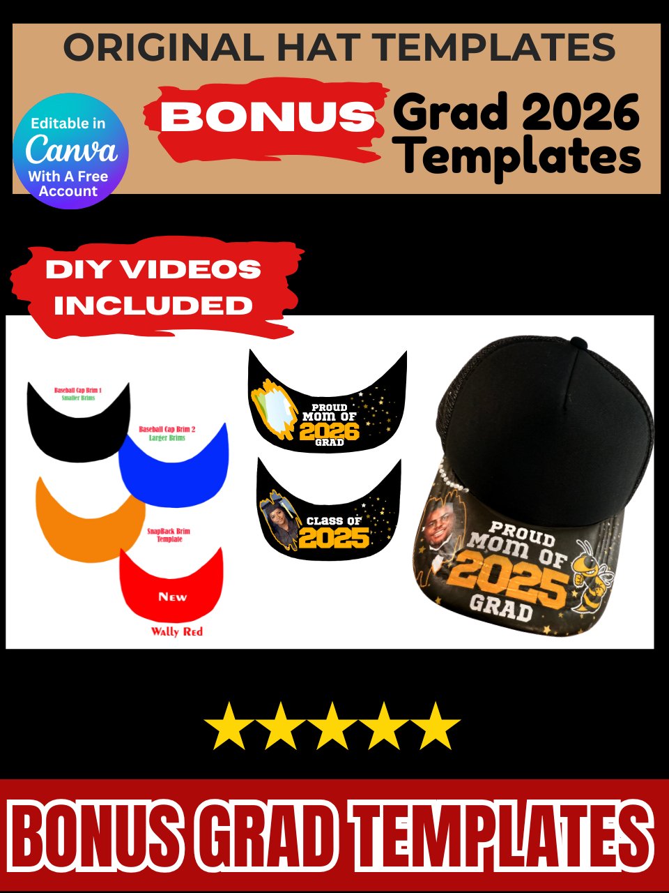 Original Hat Template - How to add an Image to the Bottom Brim of Your Hat - DIY Video Included - PDF PSD PNG Editable in Canva product image (1)