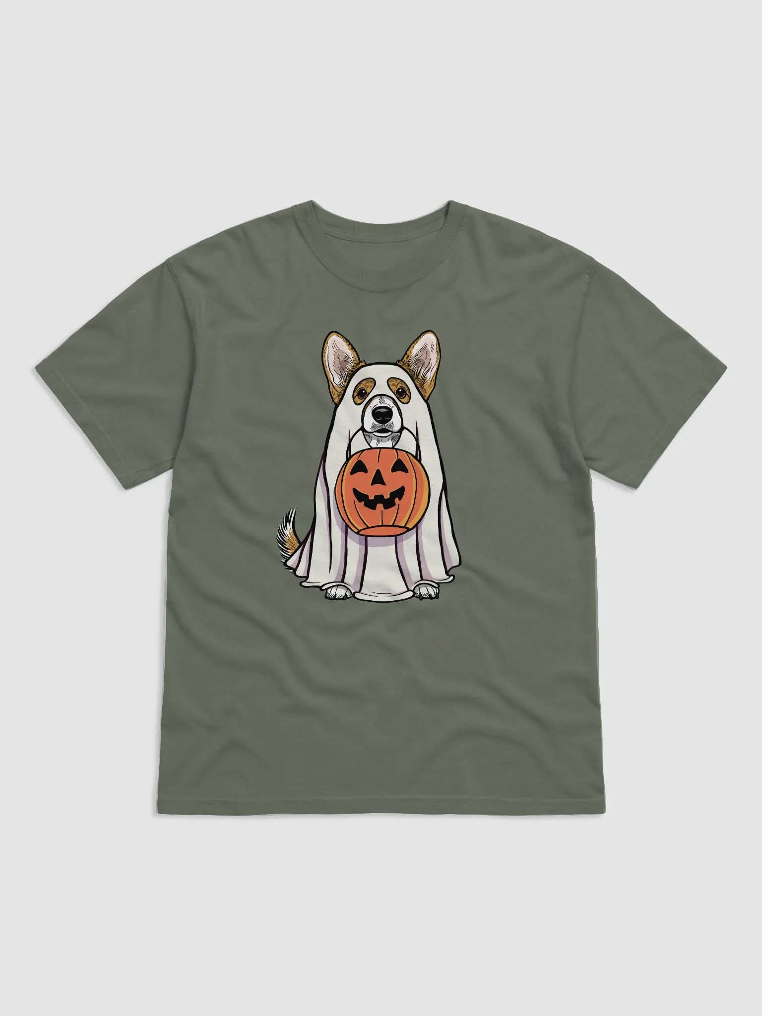 Funny Halloween Cardigan Welsh Corgi T-Shirt | Funny Corgi Wearing a Ghost Costume and Holding a Pumpkin Basket product image (1)