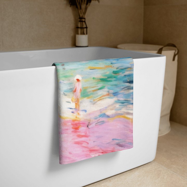 PASTEL SHORES BEACH TOWEL – 30"x60", COTTON TERRY BACK, IMPRESSIONIST COASTAL SCENE product image (2)