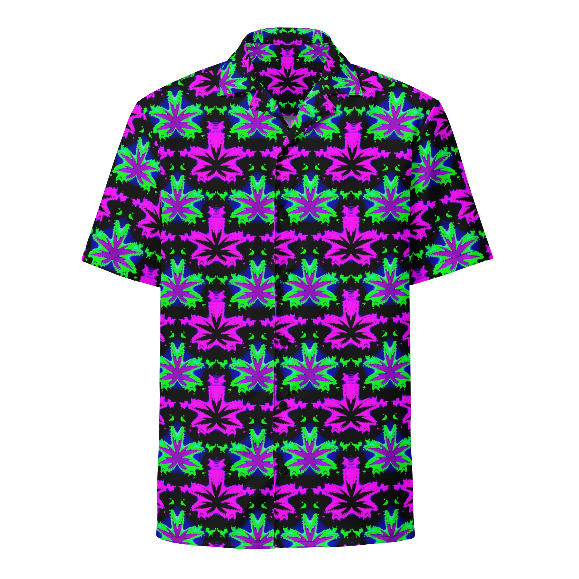 Raver Stoner Summer Button Shirt, Trippy Techno 420 Festival Fashion, Neon Green Pink Black Weird Weed Art Rave Wear, Cannabis Leaf Unisex Clothing product image (1)