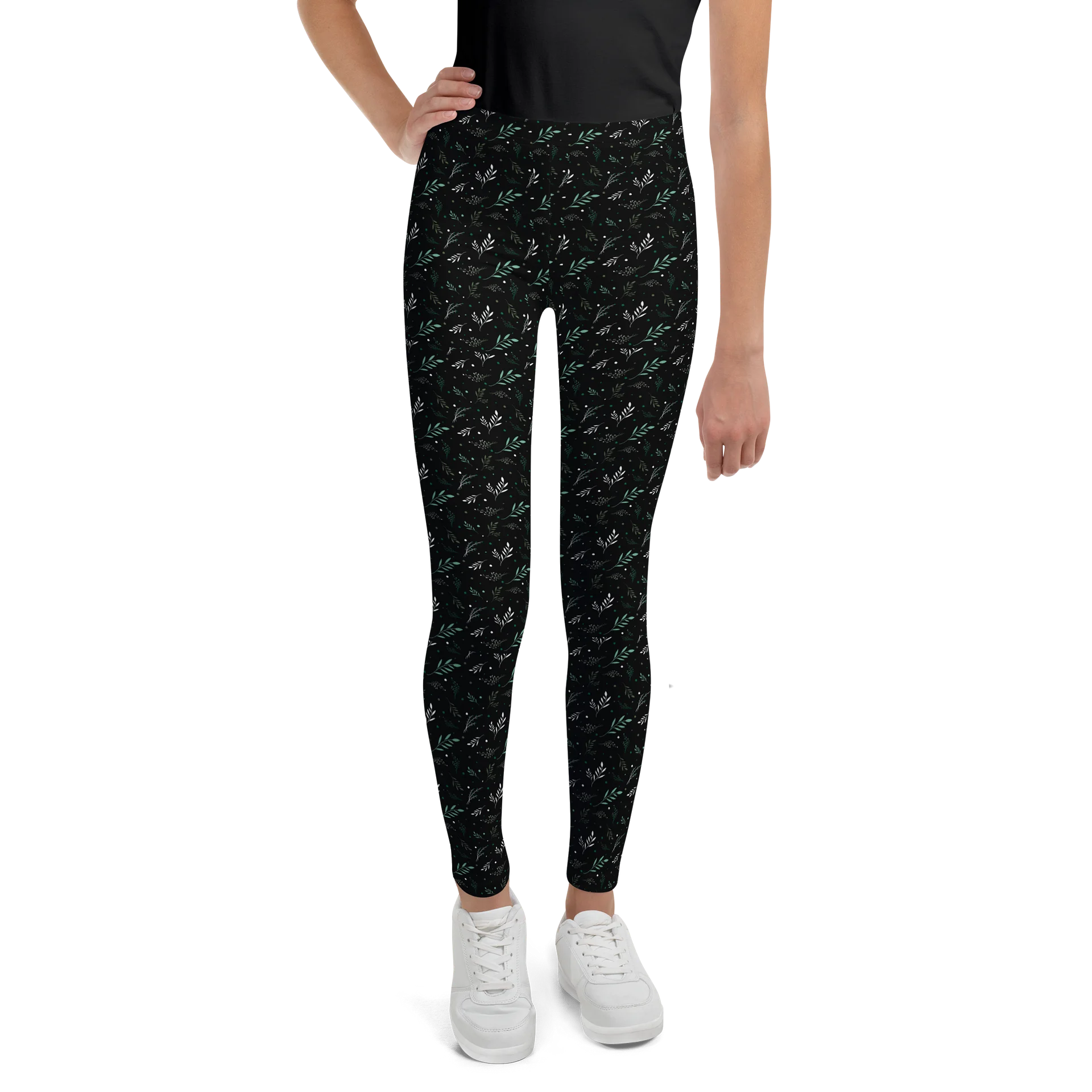 Dark Green Leaf All-Over Print Youth Leggings product image (1)
