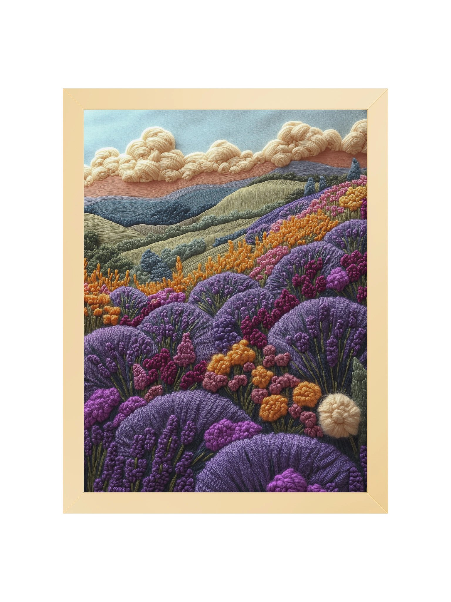 Summer Fields of Hokkaido | Embroidery-Style Wall Art — Framed Print product image (1)