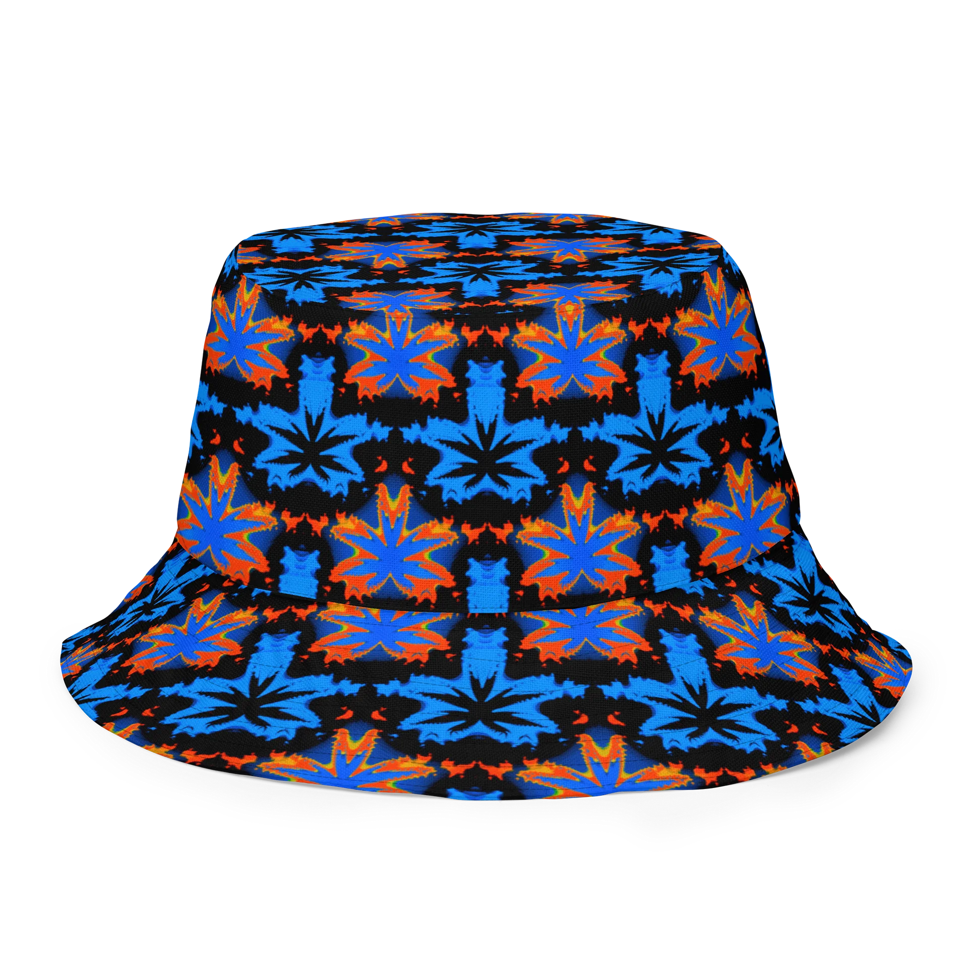 Checkers Cannabis Art Bucket Hat, Stoner Retro Rave Accessory, Pot Leaf 420 Festival Fashion, Blue Orange Black Twisted Weed Alt EDM Style product image (7)